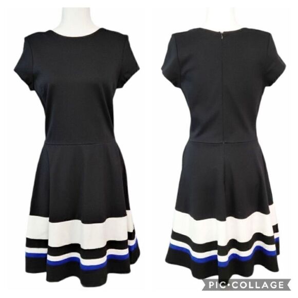 Love...Ady Fit & Flare Black White Royal Blue Flattering Dress Size Medium Crew - Picture 4 of 8